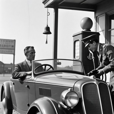 Vintage gas station attendant fueling car