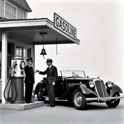 Men fueling vintage car at gasoline station