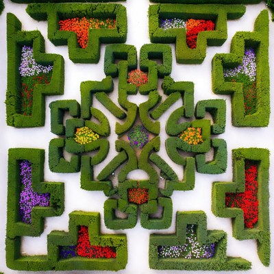Aerial View of Colorful Formal Topiary Garden