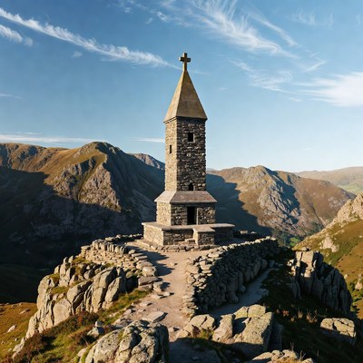 Stone tower with cross on mountain peak
