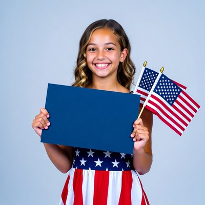 Girl holding blank sign with American flags