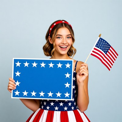 Smiling girl holding blank American flag sign