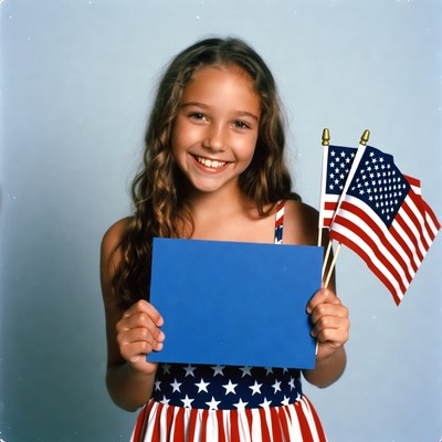 Girl holding blank sign with American flags