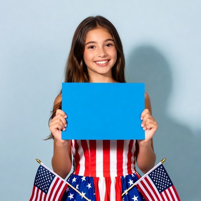 Girl holding blank sign with American flags