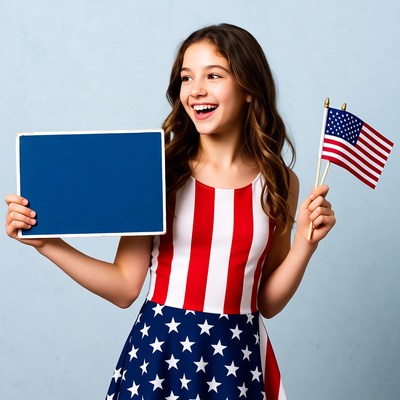 Girl holding blank sign and American flags