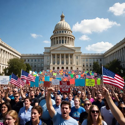 Crowd protesting corporate greed at capitol
