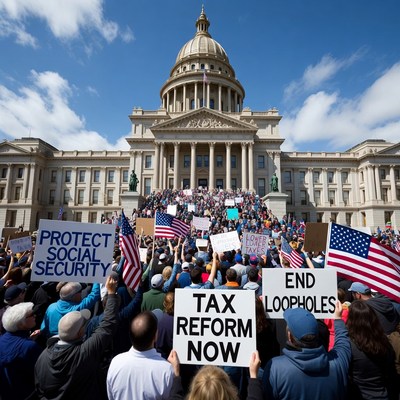 Crowd protesting at capitol with signs