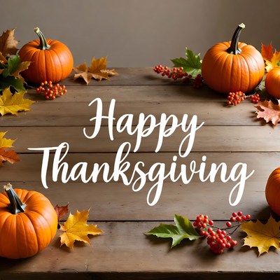 Happy Thanksgiving Pumpkins on Wooden Table