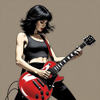 Woman playing red electric guitar