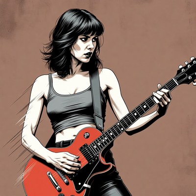 Woman playing red electric guitar