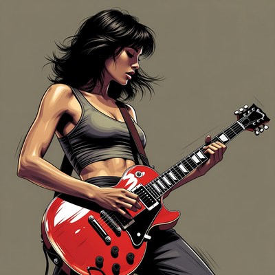 Woman playing red electric guitar