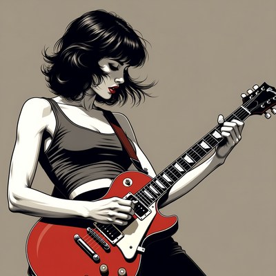 Woman playing red electric guitar