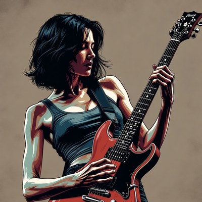 Woman playing red electric guitar
