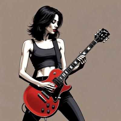 Woman playing red electric guitar