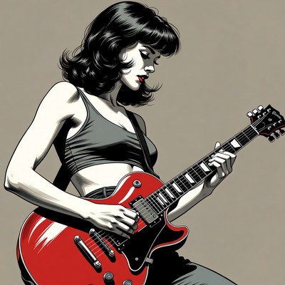 Woman playing red electric guitar
