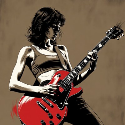 Woman playing red electric guitar