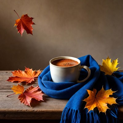 Hot Coffee Cup with Autumn Leaves