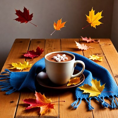 Hot Cocoa with Marshmallows and Autumn Leaves