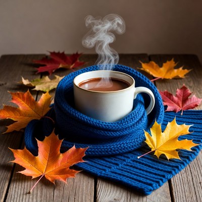 Hot Chocolate in Blue Scarf with Autumn Leaves