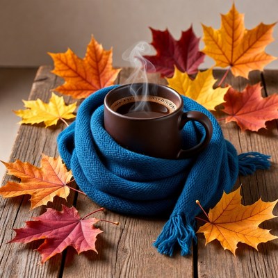Hot Coffee Cup with Scarf and Autumn Leaves