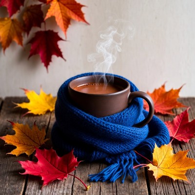 Hot Coffee Cup with Scarf and Autumn Leaves