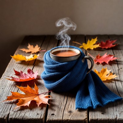 Hot Tea Cup with Scarf and Autumn Leaves
