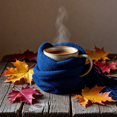 Hot Coffee Cup in Blue Scarf with Autumn Leaves