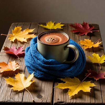 Hot Chocolate Mug with Scarf and Autumn Leaves
