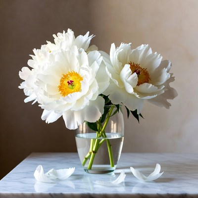 White Peonies in Glass Vase