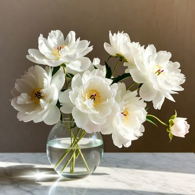 White Peonies in Glass Vase