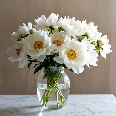 White Peonies in Glass Vase
