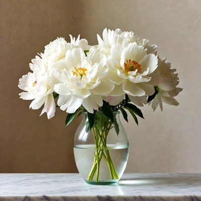 White Peonies in Glass Vase