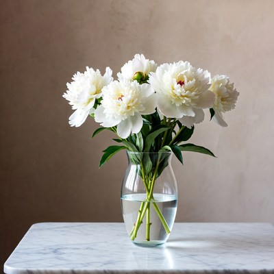 White Peonies in Clear Glass Vase