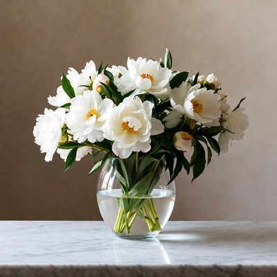 White Peonies in Glass Vase