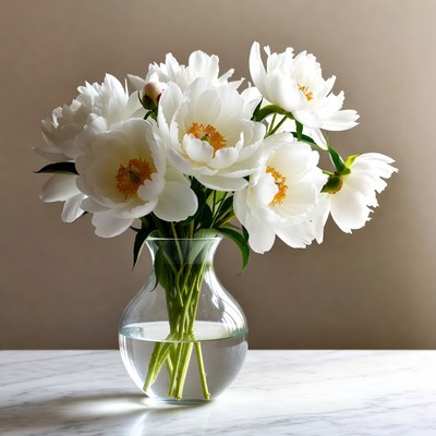White Peonies in Clear Vase