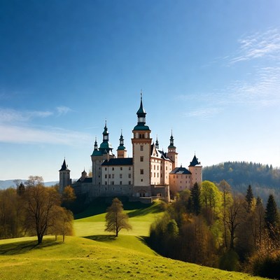 Majestic White Castle on Green Hill