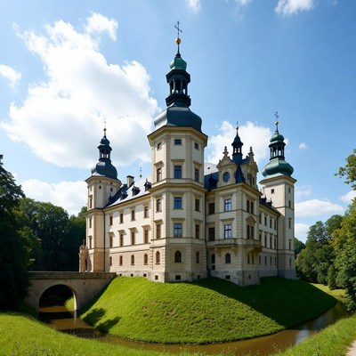 Baroque Castle on Green Hill by Moat