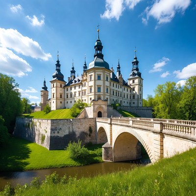 Baroque Castle with Bridge over River