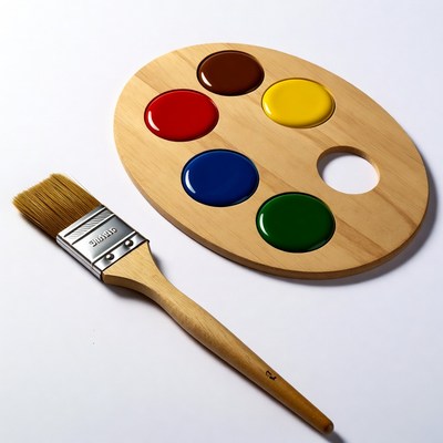 Wooden Palette with Paint and Brush