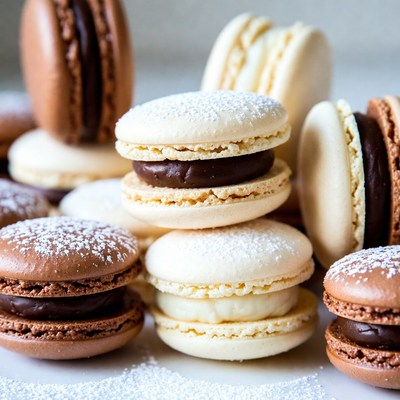 Colorful Macarons with Chocolate and Powdered Sugar