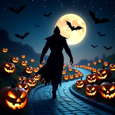 Silhouette witch walking pumpkin path