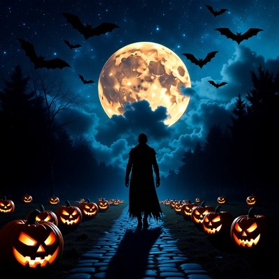 Silhouetted man walking Halloween path