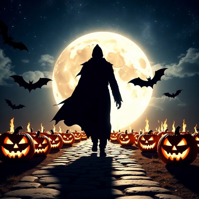 Silhouette Witch Walking Halloween Pumpkin Path