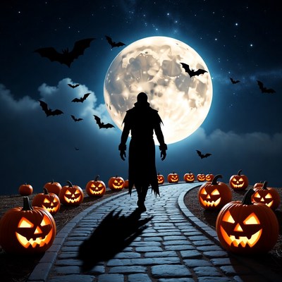 Silhouette Vampire Walking Pumpkin Path