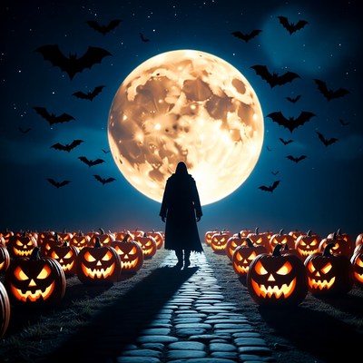 Silhouette walking toward Halloween pumpkins