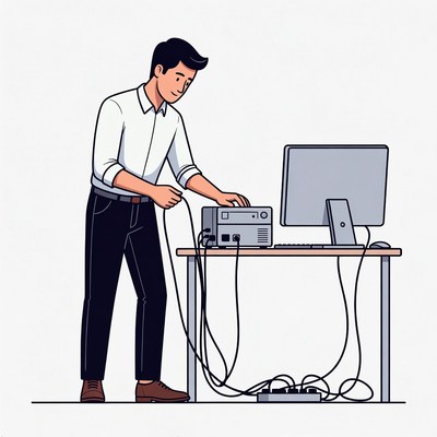 Man connecting computer power strip