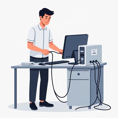 Man connecting computer cables