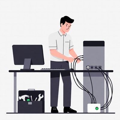 Man connecting cables to server rack