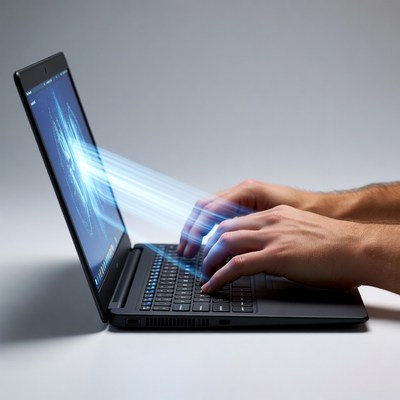 Man typing on laptop with digital light beams