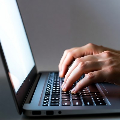 Hands typing on laptop keyboard